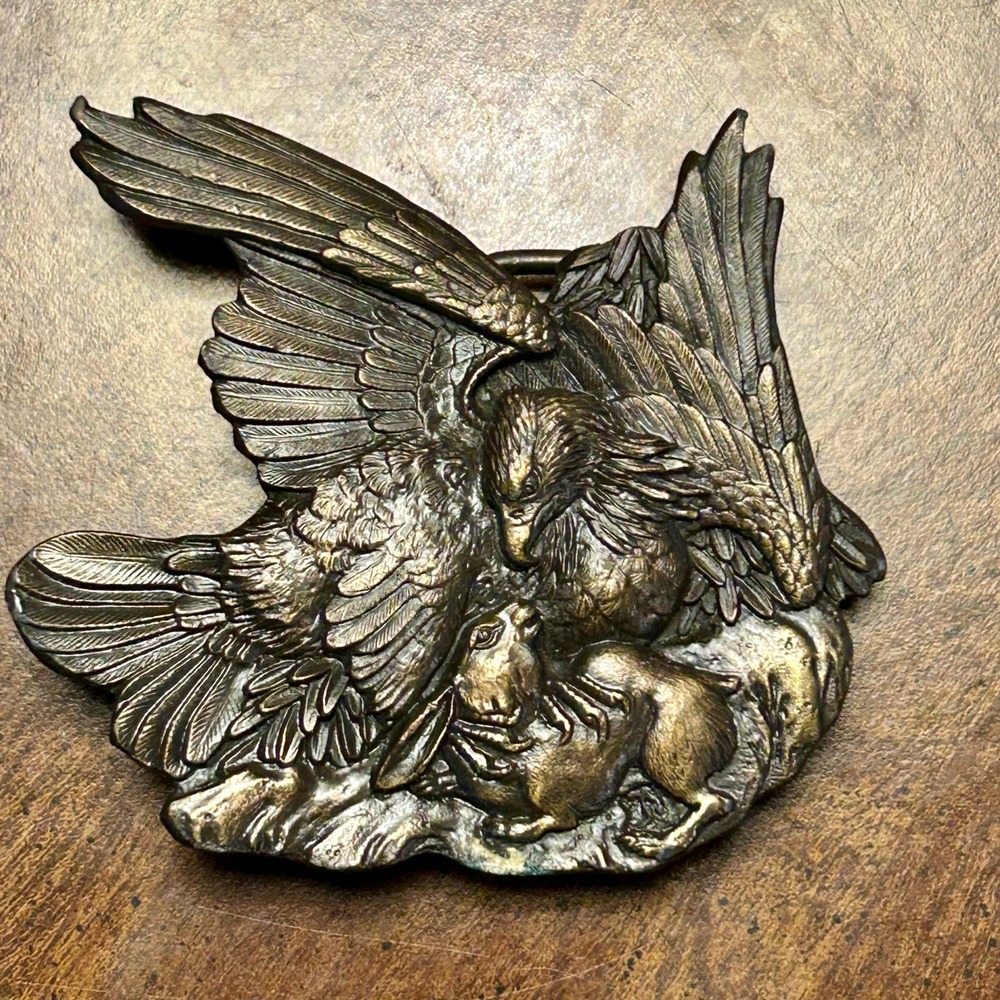Bronze 1974 Bergamot Brass Works Belt Buckle Eagle Rabbit Wildlife Western